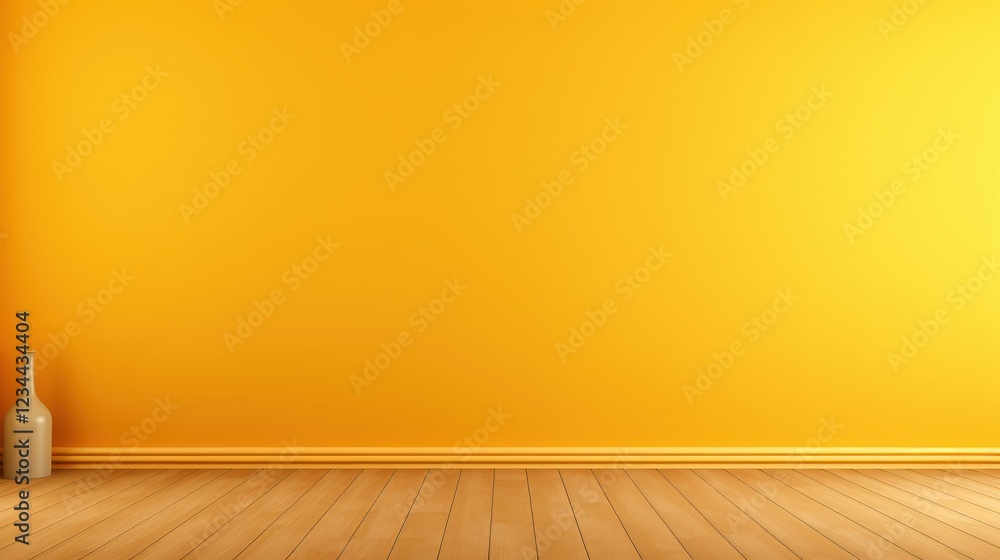 Poster 3d render of an empty dark yellow wall background with wooden flooring and minimalist vase on side e