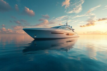 Luxury yacht anchored on tranquil waters at sunset with vibrant clouds and calm reflection