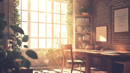 Cozy Sunlit Home Office with Plants and Wooden Furniture