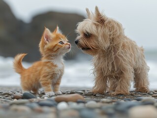 A kitten and a dog interact playfully on a pebbled beach.
