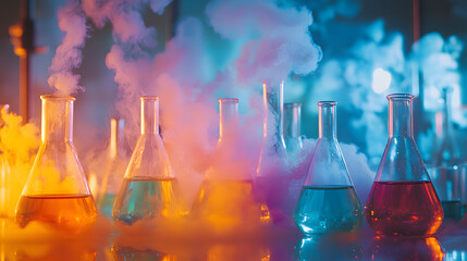 A chemical laboratory featuring bubbling liquids in Erlenmeyer flasks, with colorful gases rising into ventilation hoods, during an organic synthesis process
