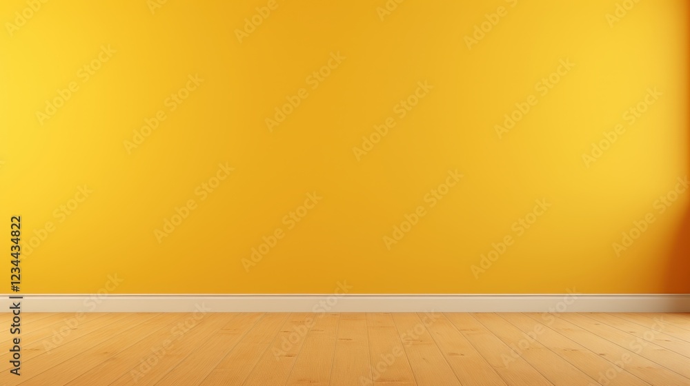 Poster 3d render of an empty dark yellow wall background with a wood floor and bright lighting ideal for de