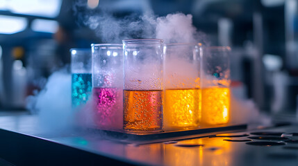 A chemical laboratory featuring bubbling liquids in Erlenmeyer flasks, with colorful gases rising into ventilation hoods, during an organic synthesis process