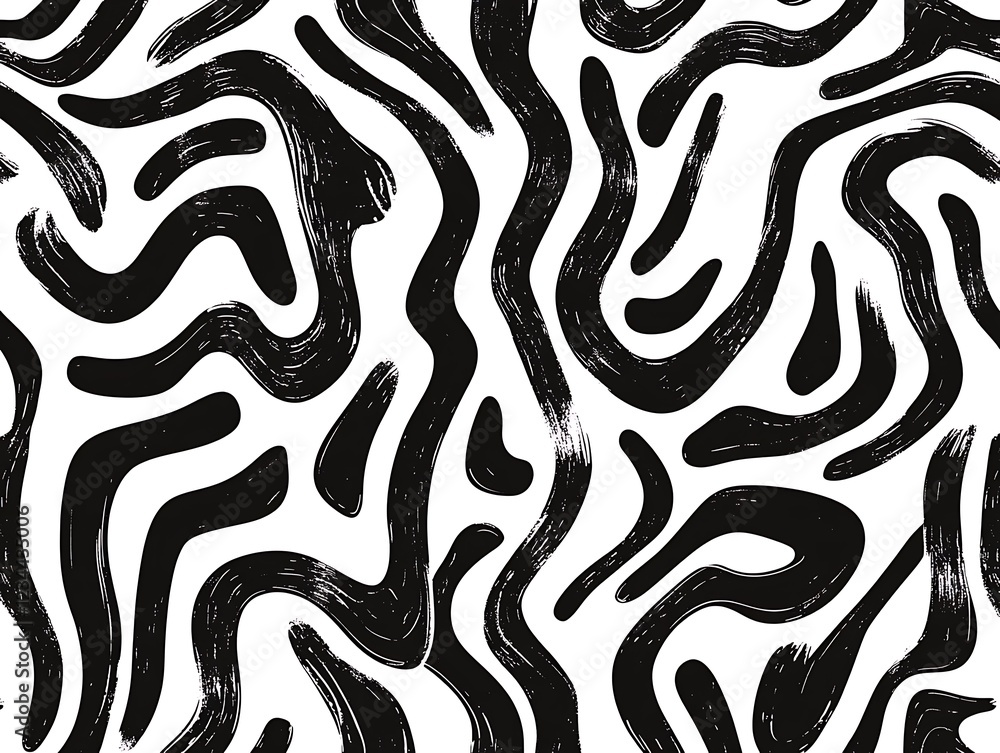 Poster black and wavy and swirled brush strokes vector seamless pattern. bold curved lines and squiggles or