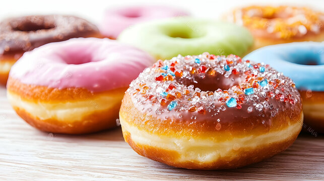 Colorful donuts on a wooden table, sweet treat, food photography