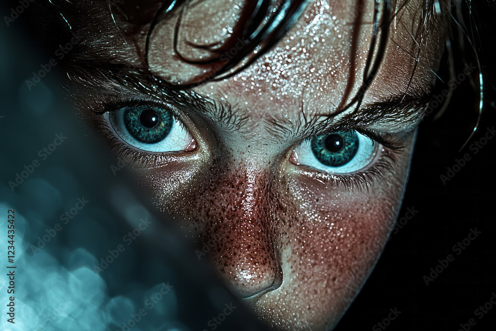Poster a dramatic close-up emphasizing the boyâ€™s determined expression, the rest of the tunnel fading int