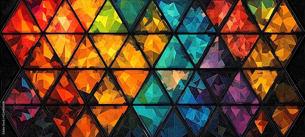 Poster a vibrant geometric pattern featuring colorful triangular shapes in bright shades of orange, red, bl