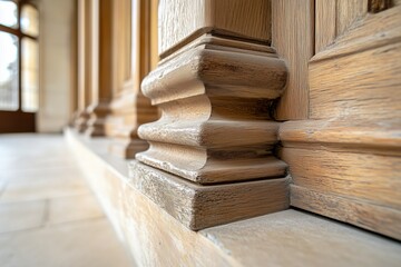 Detailed close-up of wooden architectural columns in sunlit corridor