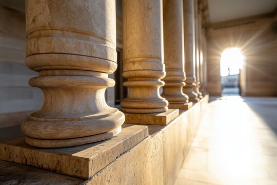 Sunlit marble columns in classical architecture at sunset