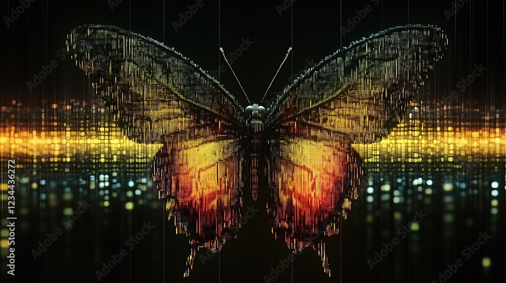 Poster digital butterfly abstract art with pixel pattern and light effects on dark background
