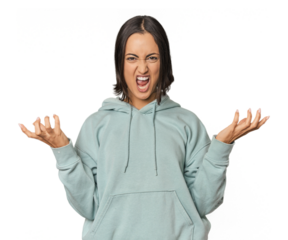 Young Caucasian woman with short hair screaming with rage.