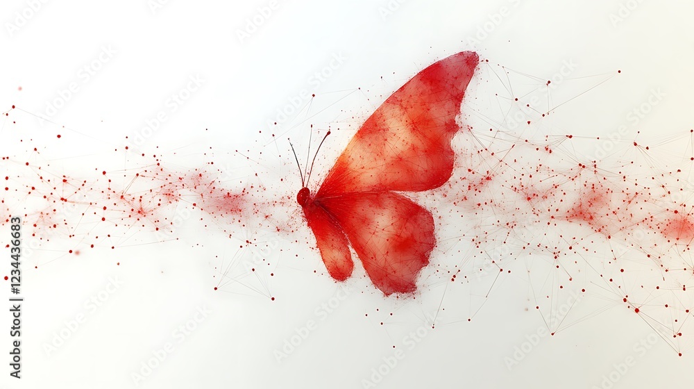 Poster abstract red butterfly on white background with network of lines and dots graphic