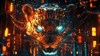 Cybernetic Jaguar, glowing eyes, digital background, tech art, game asset