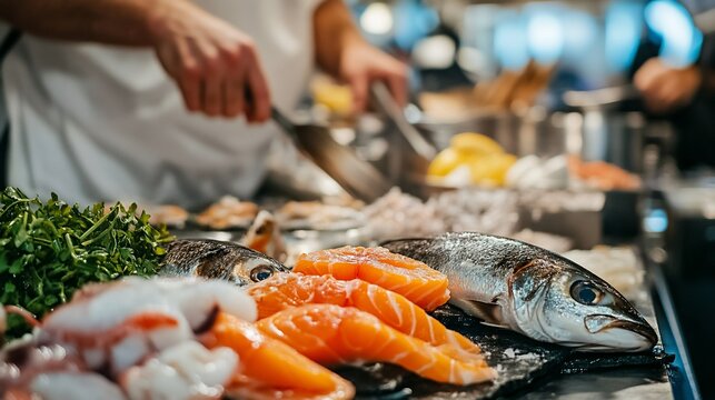 Fresh seafood market preparation, chef slicing salmon, vibrant display, bustling background, food industry imagery