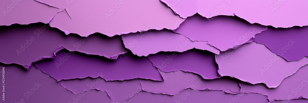 Poster a dynamic composition showcasing multiple layers of purple paper torn at various angles, revealing s
