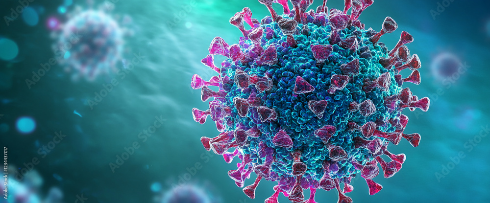 Poster Close-up view of a microscopic representation of a virus, showcasing its structure. This image symbolizes the biological structure of viruses and their impact on health and science.