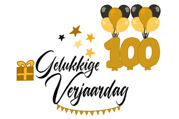 caligrafische tekst vector gelukkige verjaardag met een cadeauverpakking van ballonnen en nummer 100