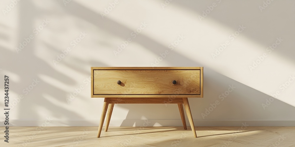 Poster 3d rendering of solid wood american bedside table in a minimalist setting with natural lighting and 