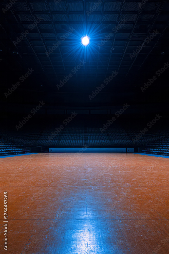 Poster a dynamic diagonal capture showing the corner of the arena, empty stands fading into darkness, a sin