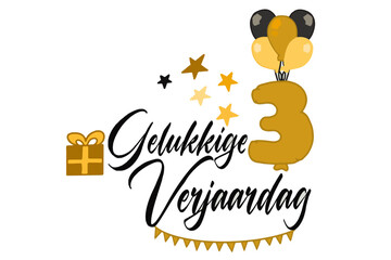 caligrafische tekst vector gelukkige verjaardag met een cadeauverpakking van ballonnen en nummer 3