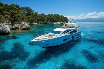 Fototapeta premium Luxury yacht cruising in crystal-clear waters near a scenic coastline on a sunny day