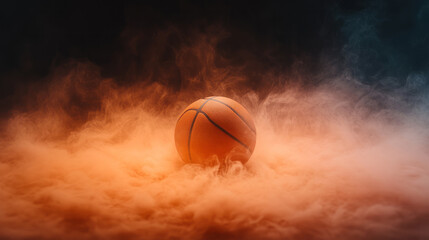 Fototapeta premium An abstract shot blending the swirling smoke layers with a sharply lit basketball key, empty and waiting for the game to start,