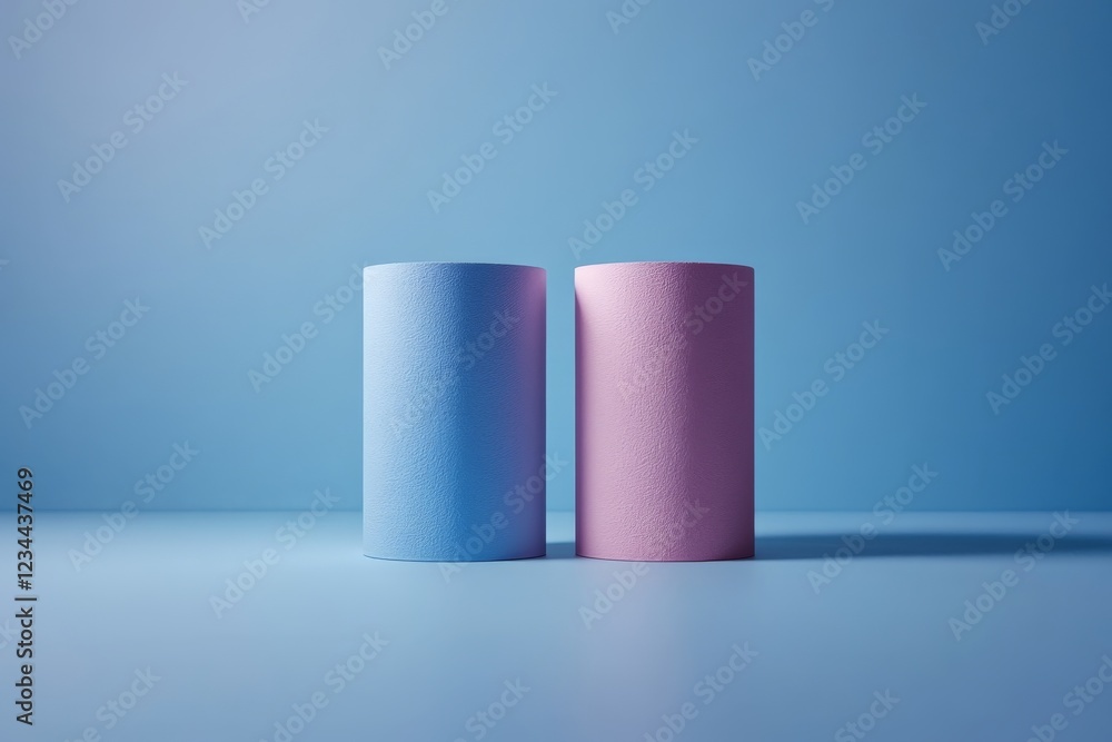 Poster Two pastel-colored cylindrical objects placed on a soft blue background in a minimalist setup evoking a serene atmosphere