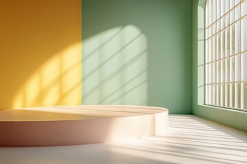 Fototapeta premium Modern interior space with colorful walls and sunlight creating dynamic shadows in a serene environment