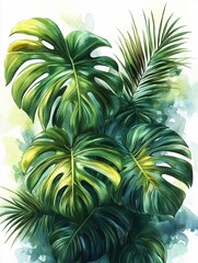 Lush tropical monstera & palm leaves on watercolor background