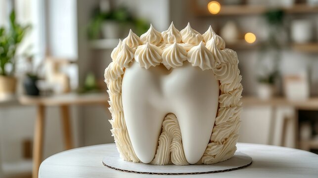 Decorative dental themed cake with realistic tooth design displayed in a cozy dental office in a holiday National Dentist Day setting. Greeting for the dentist. With copy space