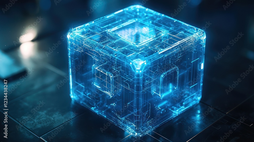 Poster glowing cube with circuitry on dark surface, background blur