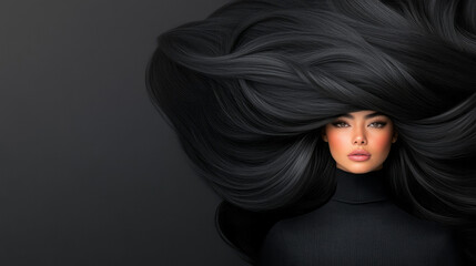 Fototapeta premium A creative side profile pivoting into a full-face reveal, where her lengthy brunette hair flows freely and her steady gaze meets the camera,