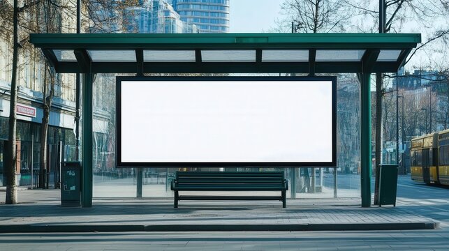 Empty White Billboard in the Center of Urban Outdoor Setting with Green Bus Stop Structure and Minimalistic City Background