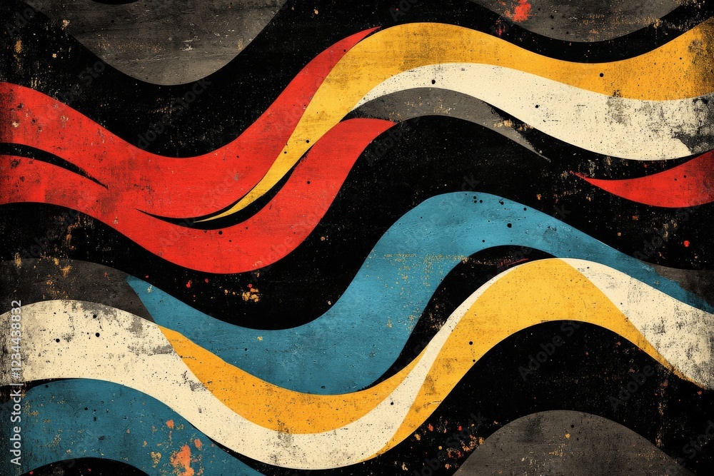 Poster Vibrant abstract waves in bold colors create an eye-catching pattern on textured dark surface