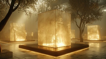 Glowing cubes in misty grove at night