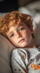 Thoughtful Young Boy Relaxing on Soft Bed, Close-Up Perspective