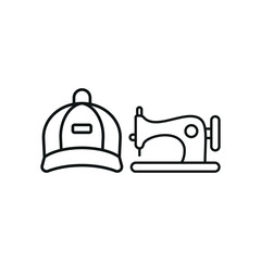 Sewing machine and cap set icon represents custom tailoring and headwear design, perfect for fashion branding, embroidery services, garment production, and artisan sewing visuals.