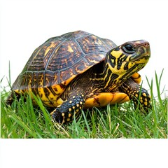 Obraz premium Colorful Eastern Box Turtle Crawling on Green Grass in Natural Setting with Bright Shell Patterns