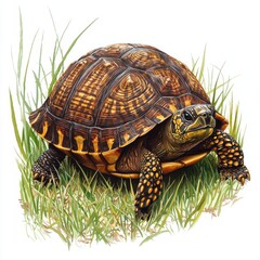 Fototapeta premium Detailed Illustration of a Realistic Turtle in Natural Grass Habitat with Vibrant Shell Patterns