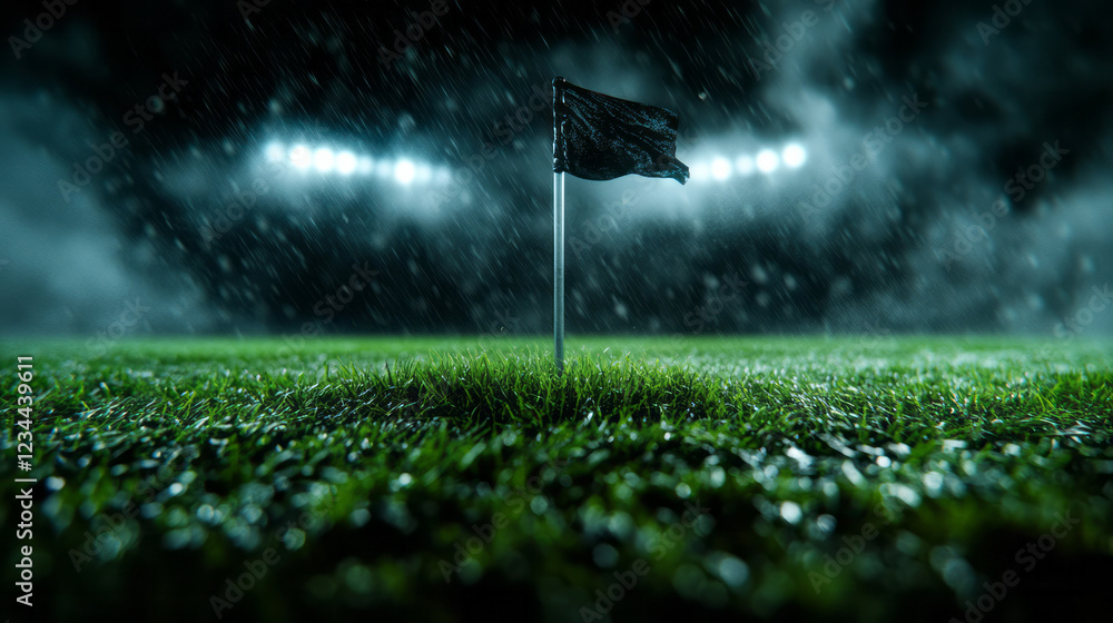 Poster a detailed macro-like approach on the corner flag under powerful floodlights, revealing the subtle t