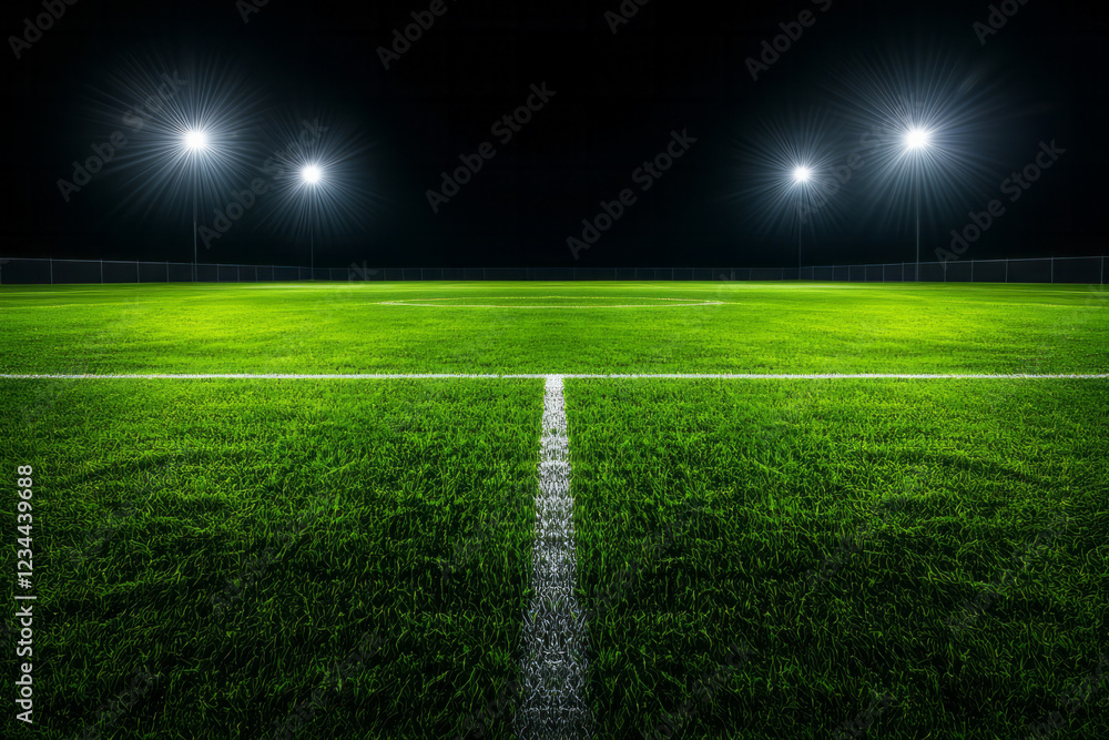Poster a calm overhead perspective of the unplayed field, its lines and penalty arcs clearly lit by bright 