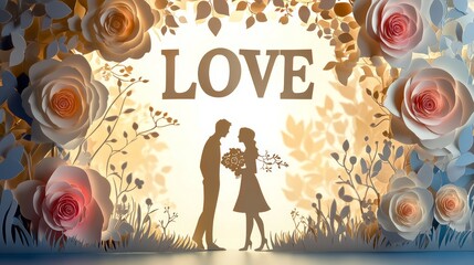 Enchanting Paper Cutout of Couple in Love Walking Under Floral Arch with "LOVE" Sign above - Romantic Valentine's Day Concept