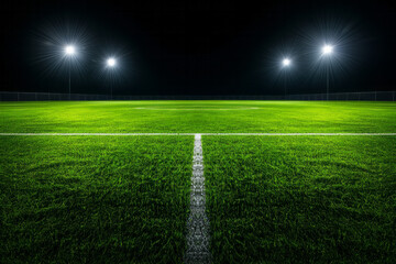 Obraz premium A calm overhead perspective of the unplayed field, its lines and penalty arcs clearly lit by bright lights amid an otherwise quiet evening,