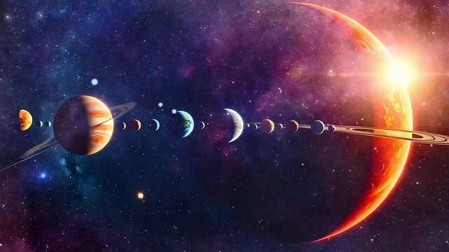 Solar system with glowing planets and a vibrant cosmic background illuminated by the sun. Seamless looping time-lapse animation video background  
