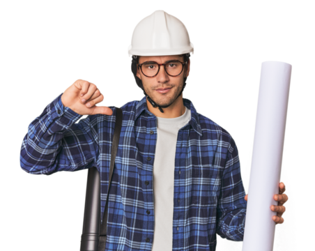 Young Hispanic architect with plans feels proud and self confident, example to follow.