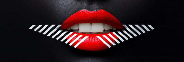 Naklejka premium A bold, minimalistic composition focusing on a mouth where every tooth showcases geometric ornamentation referencing folk aesthetics,