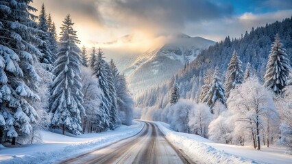 Obraz premium A serene snowy winter road with a dense blizzard in Latvia covered in frosty trees and rugged mountains in the background, mountain, cold weather