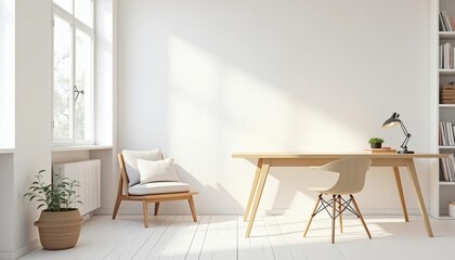 Fototapeta premium Bright Minimalist Home Office Design with Wooden Desk and Chair