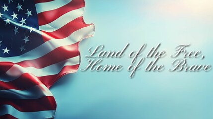 Waving American Flag with "Land of the Free, Home of the Brave" Inscription on Blue Background