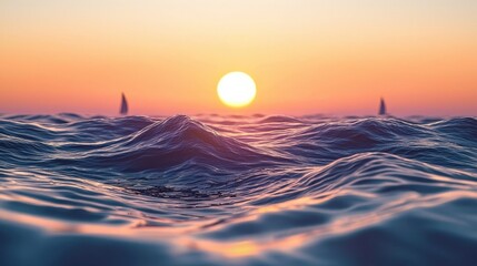 Serene Sunset Over Ocean Waves with Silhouetted Sailing Boats